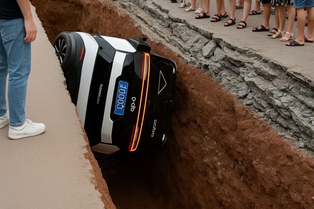 Spektakulärer Robotaxi-Unfall in China - selbstfahrendes Fahrzeug stürzt in Baugrube – Debatte um Sicherheit autonomer Mobilität entbrannt