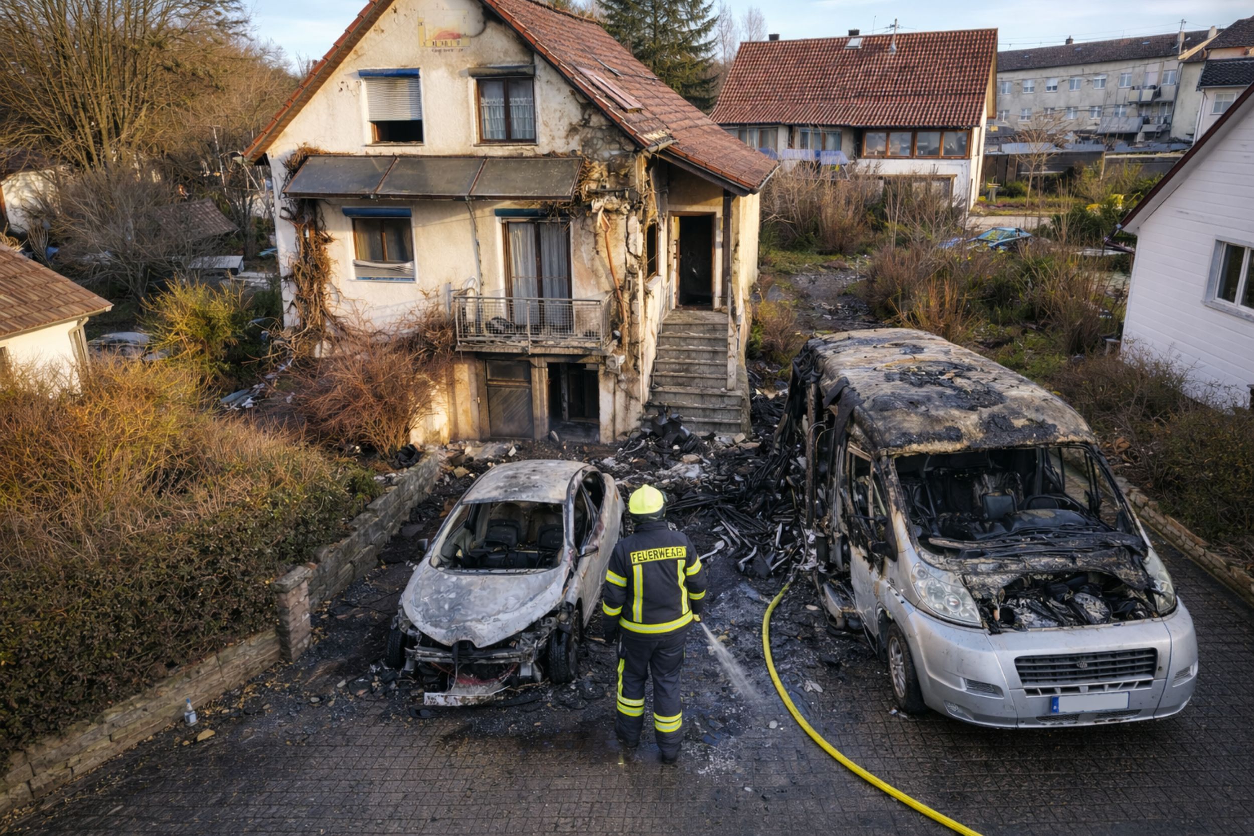 Brand eines Elektroautos löst Kettenreaktion aus und reißt Wohnmobil, Häuser und Autos mit