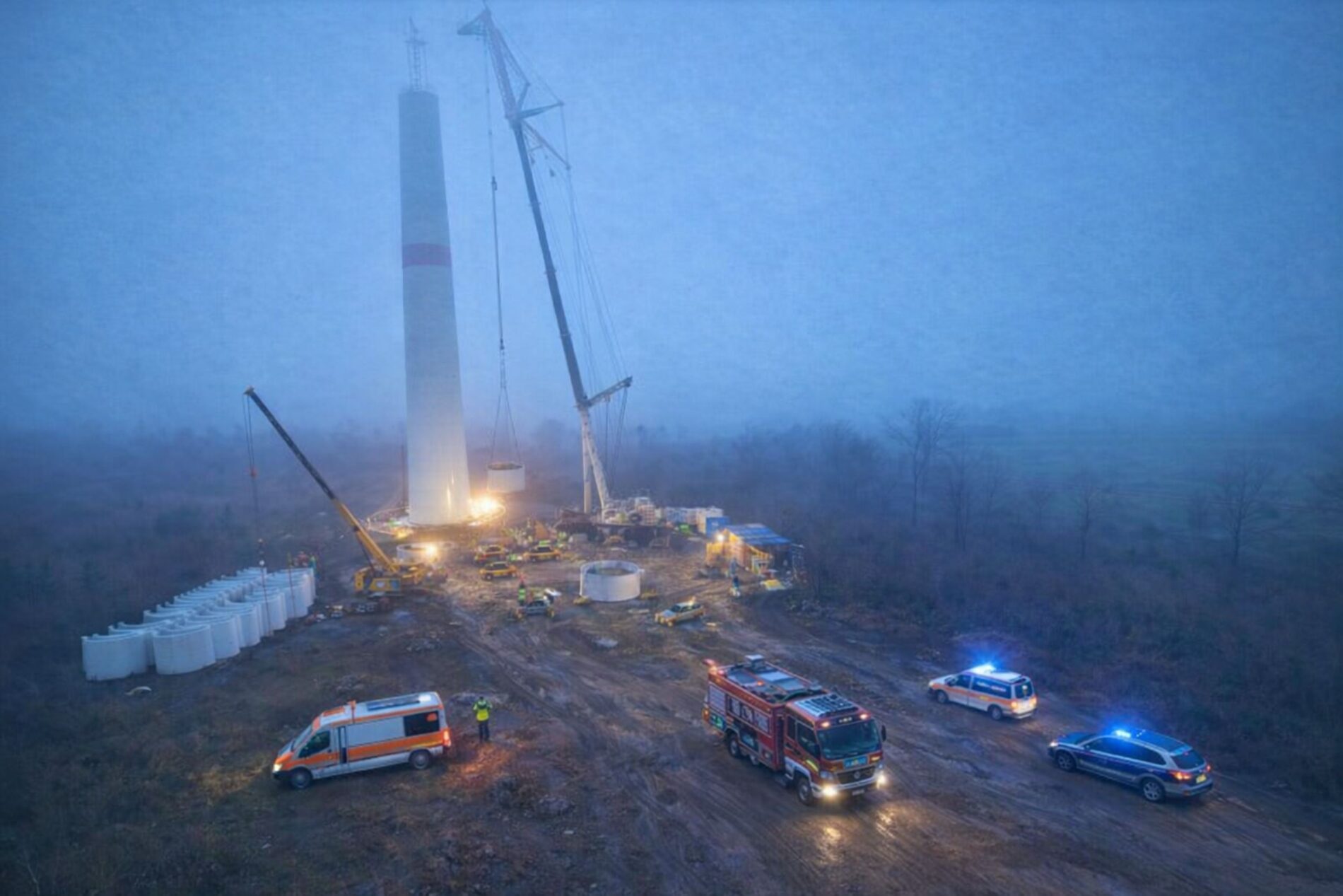Tödlicher Absturz an Windkraftanlage im Main-Kinzig-Kreis - zwei Arbeiter sterben beim Bau einer Windenergieanlage, Ermittlungen laufen