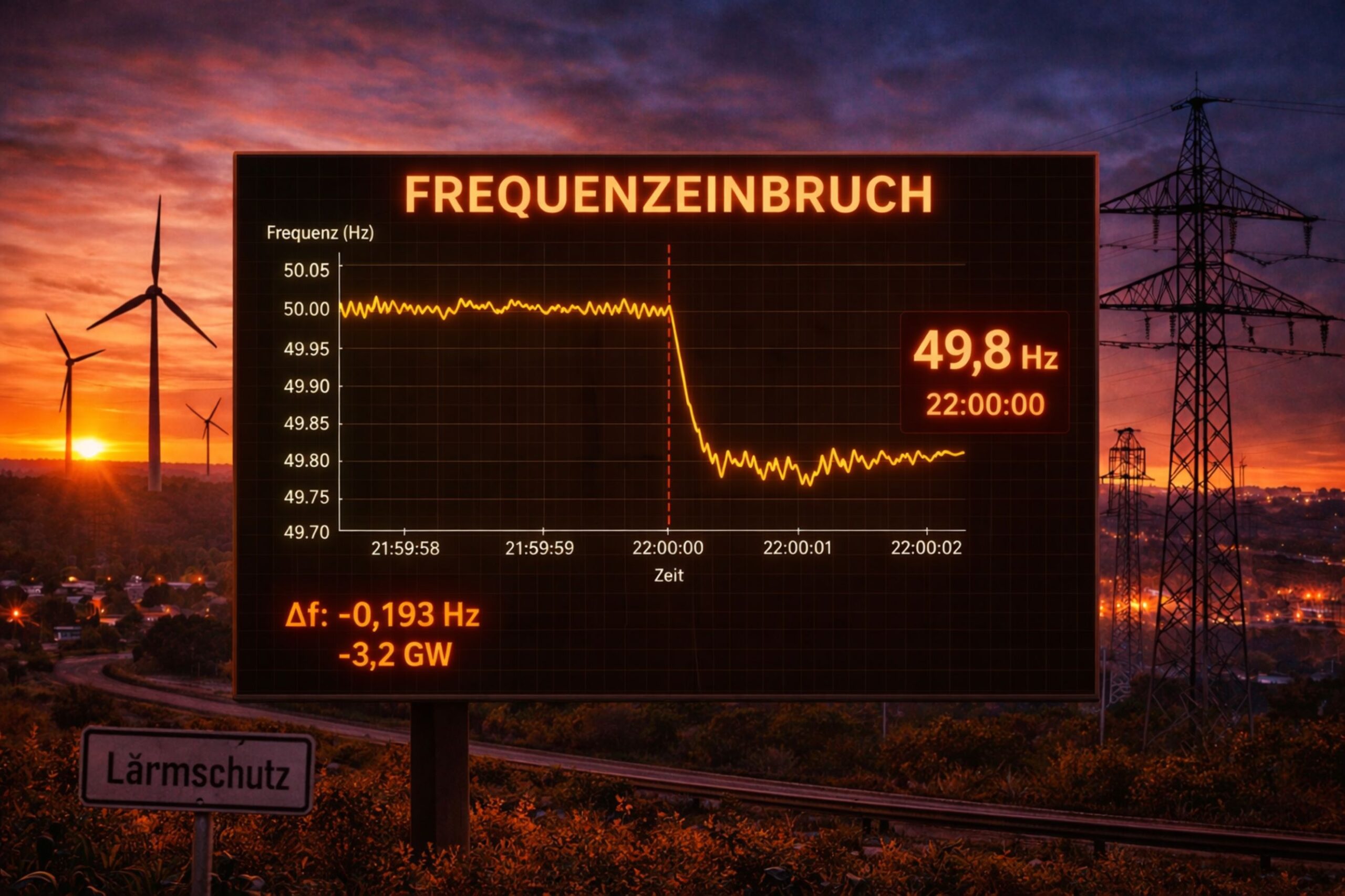 Regelmäßige Frequenzeinbrüche um 22 Uhr: Windrad-Drosselung als wahrscheinliche Ursache