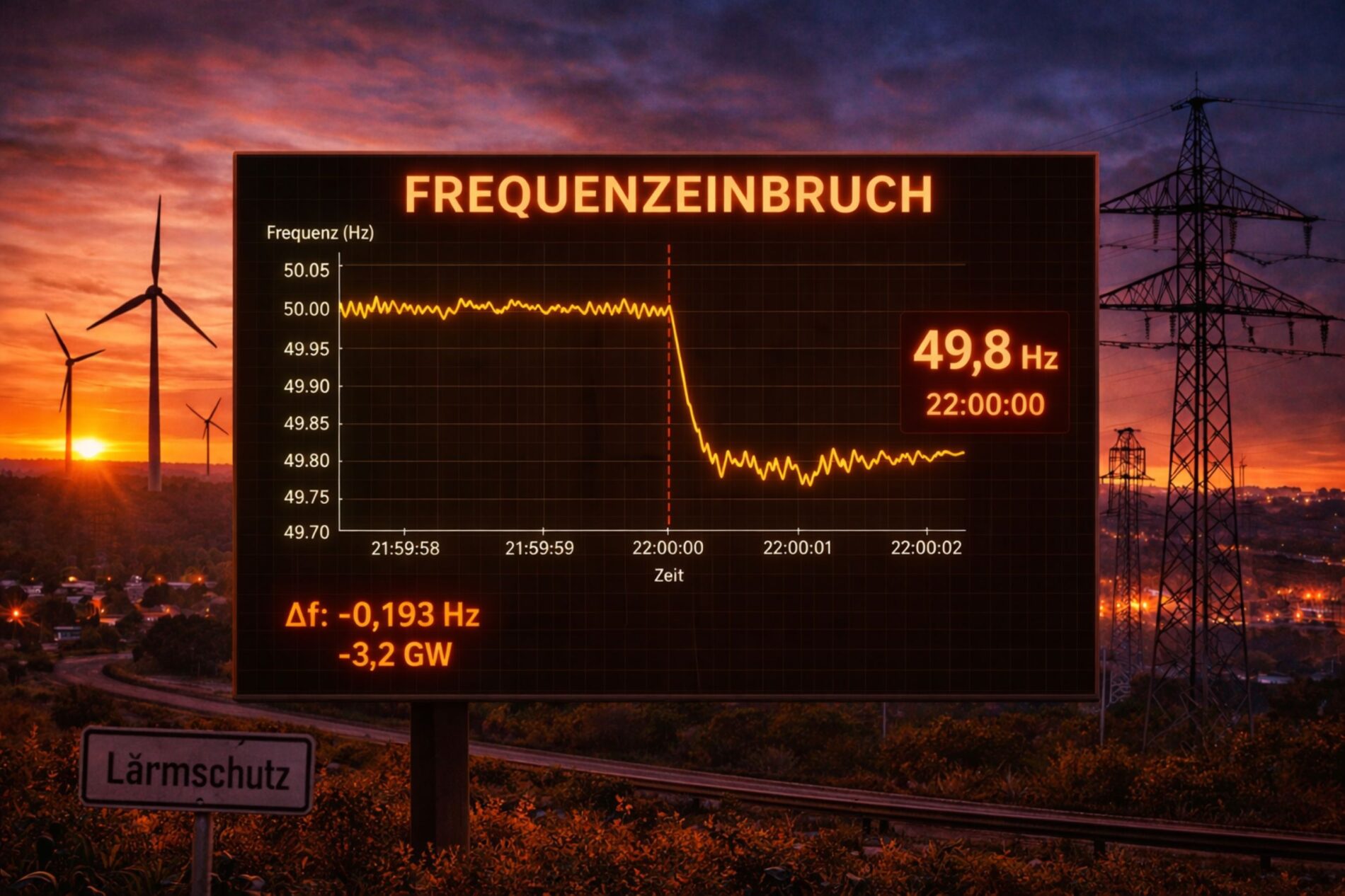 Regelmäßige Frequenzeinbrüche um 22 Uhr deuten auf Lärmschutz-Auflagen als Auslöser nächtlicher Windrad-Drosselungen hin