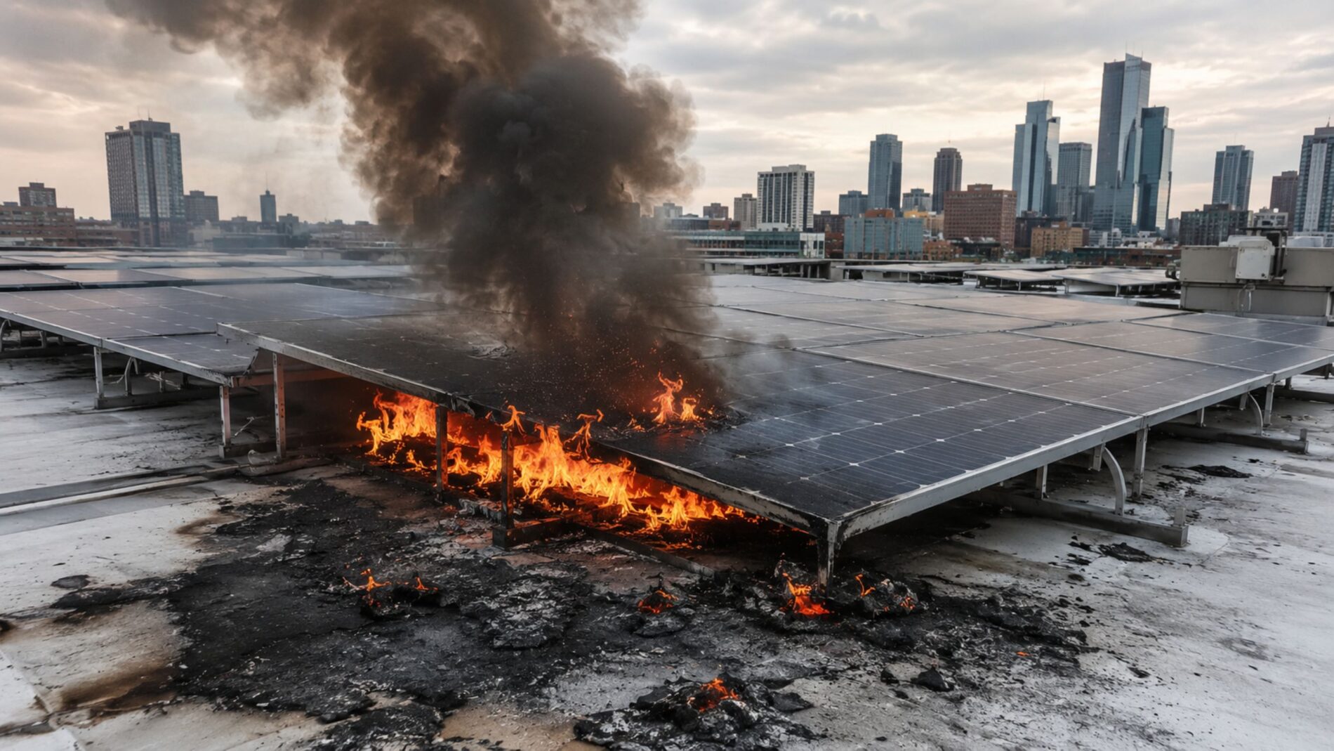 Ein Photovoltaik-Brand kann unter flachen Solarmodulen extreme Hitze entwickeln. Versuche zeigen bis zu 853 Grad im Dachhohlraum